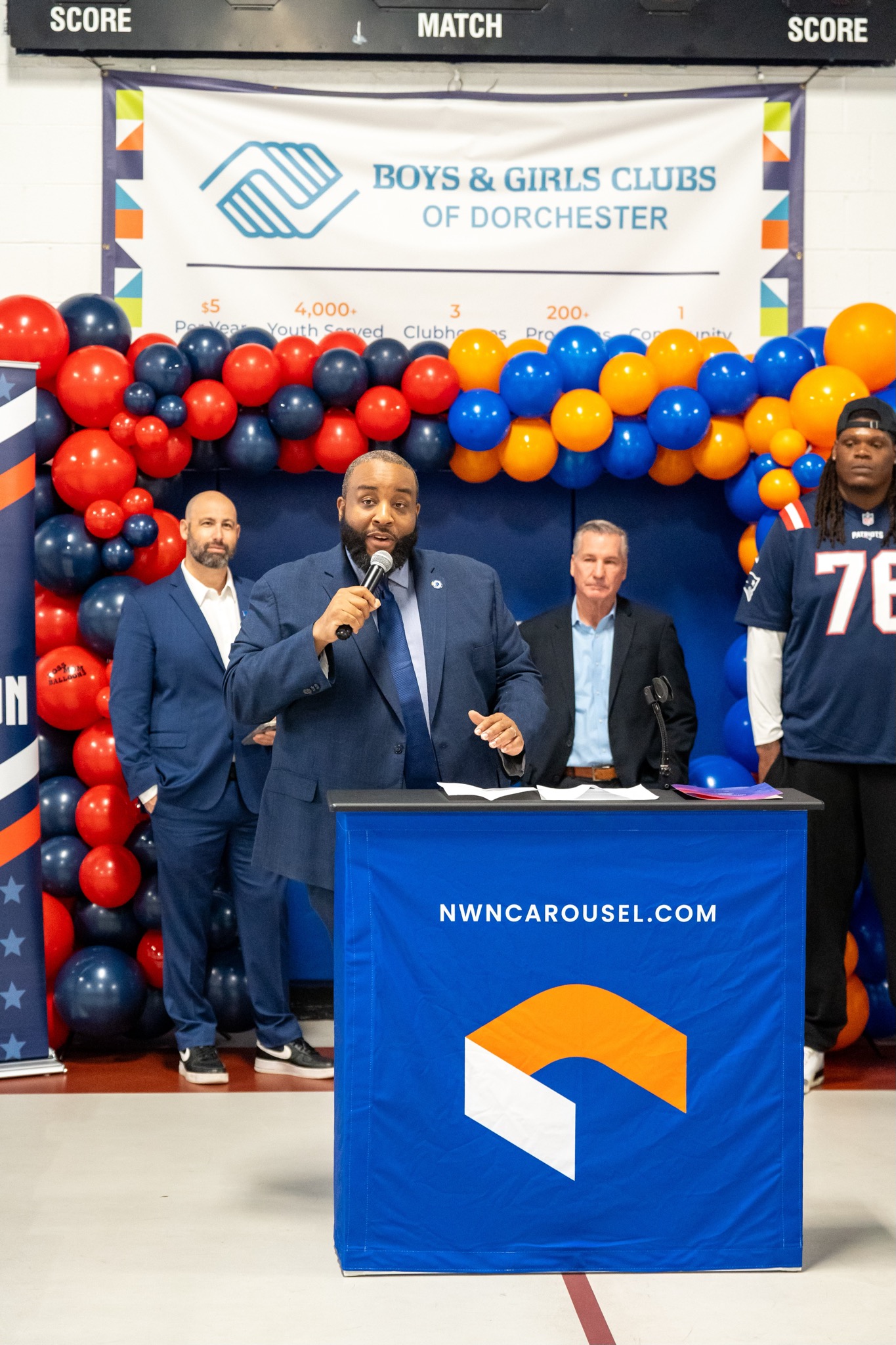 Chris Worrell at Boys and Girls Clubs of Dorchester with New England Patriots